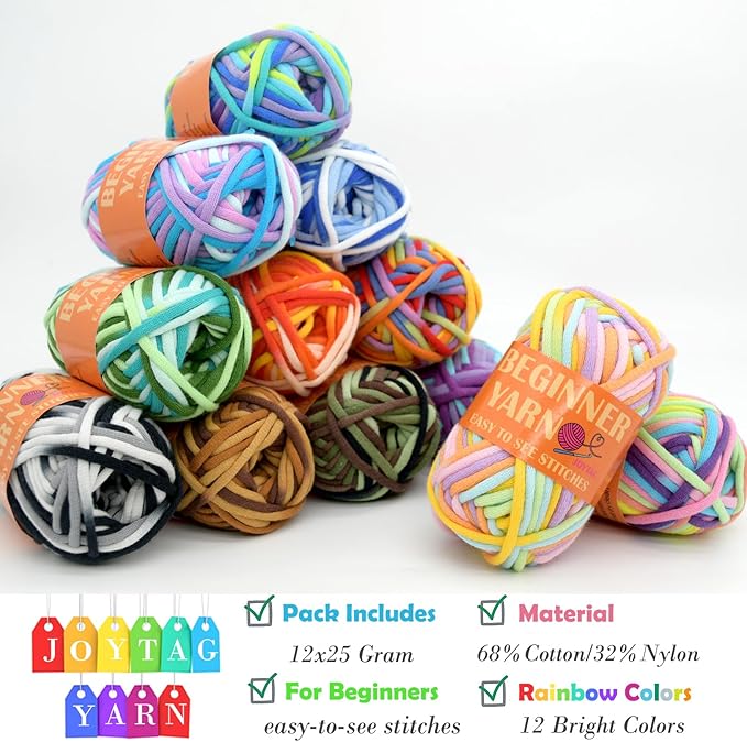 JOYTAG 12 Pack Beginners Crochet Yarn Rainbow Cotton Crochet Yarn for Crocheting Knitting Beginners with Easy-to-See Stitches Beginner Crochet Kit(12x25g)-Mixed Rainbow