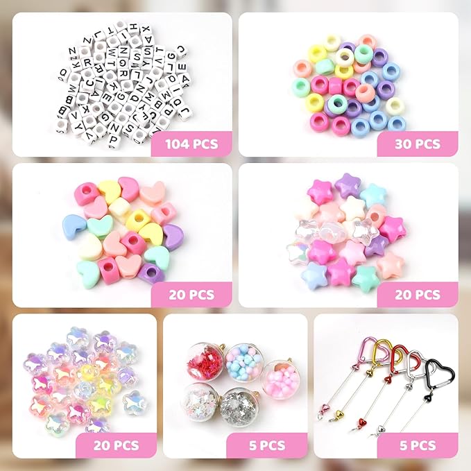 204 Pcs DIY Keychain Making Kit Letter Beads Key Chain Flower Star Heart Bead Kit Acrylic Key Ring Bag Charms Crafts Accessories