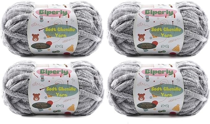 4 * 100g Velvet Chenille Chunky Yarn for Crocheting - 49.2yds per Skein Plush Fluffy Yarn - Easy to Use for Baby Blankets, Knitting Creations & DIY Crafts (4, Light Gray)