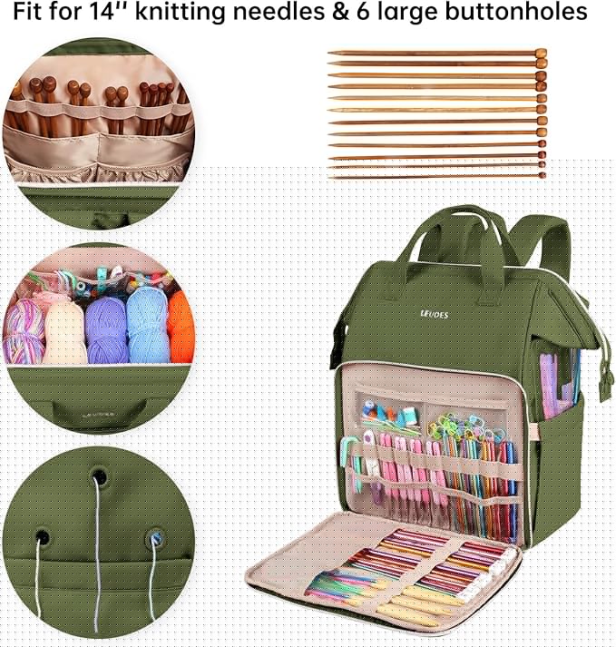 Leudes Knitting Bag Backpack,Yarn Storage Organizer Large Crochet Bag Tote Christmas Gift Yarn Holder Case for Carrying Projects,Knitting Needles (Army Green)