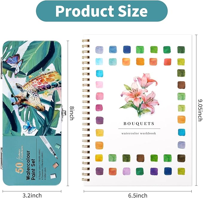 Watercolor Workbook, Water Coloring Book, 12 Different Patterns of Original DIY Designs, 50 Colors Watercolor Paint Set with Palette and Brush, Beginner-Friendly Watercolor Workbooks (Bouquets)
