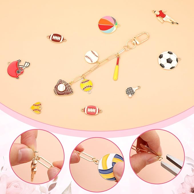 Tondiamo 266 Pieces Football DIY Gold Keychain Making Kit Bat Sports Football Charm Jewelry Making Baseball Volleyball Ornaments Bulk for Key Ring Art Adults Women Bag Gift