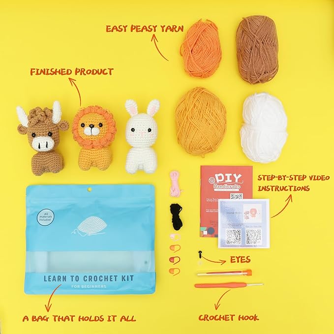 GONELYON Crochet Kit for Beginners, 3Pcs Amigurumi Crochet Animal Kits, Crocheting Kit for Starters Adult with Step-by-Step Video Tutorials, Animal Kits with Highland Cow, Lion, Bunny