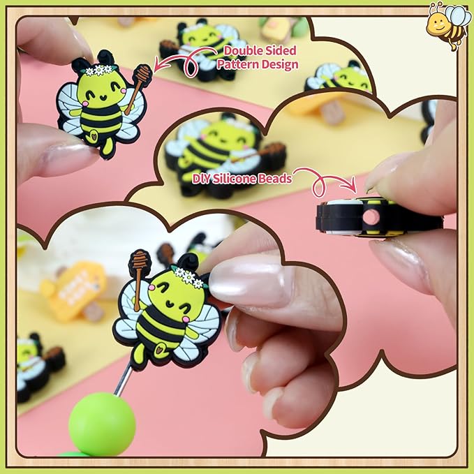 12pcs bee Silicone Focal Beads for Keychain Making for Pens Shape Silicone Beads for Bracelet Necklace Crafts （bee）