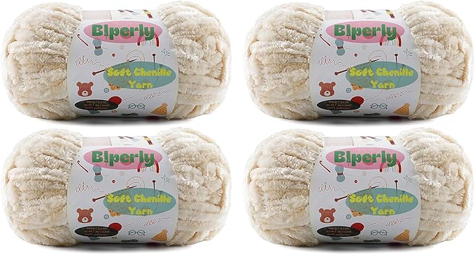 4 * 100g Velvet Chenille Chunky Yarn for Crocheting - 49.2yds per Skein Plush Fluffy Yarn - Easy to Use for Baby Blankets, Knitting Creations & DIY Crafts (4, Beige)