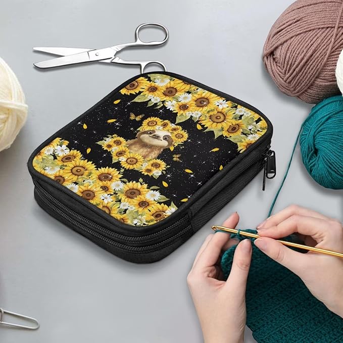 Hechitok Sloth Sunflower Crochet Hook Case Zipper Storage Organizer Bag with Pockets for Various Crochet Needles/Knitting Accessories/Crochet Hook Kit Tools
