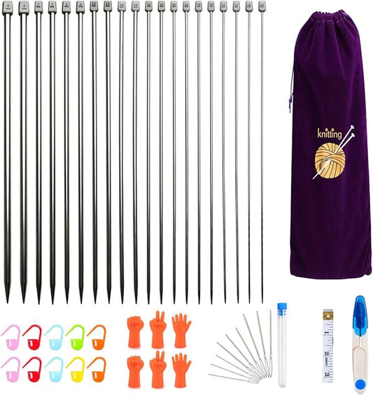 KOKNIT 13.5'' Knitting Needle Set, 22PCS 2mm(B)-8mm(L) Straight Lightweight Single Pointed Stainless Sweater Needles Set with Teel Slocking Stitch Makers
