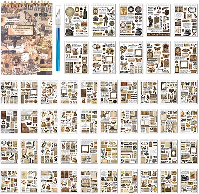900Pcs Mini Scrapbook Washi Stickers for Journaling, 50 Sheets Vintage Sticker Book, Ephemera for Junk Journal Supplies Bullet Journals, Scrapbooking, DIY Crafts Arts
