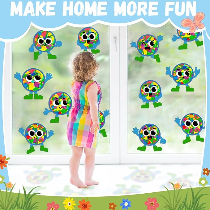 Lonfliness 32 Sets Earth Day Suncatchers Craft Kit DIY Window Stained Glass Effect Earth Day Theme Paper Crafts Home School Classroom Decoration Birthday Gift Creative Art Project & Activity Game