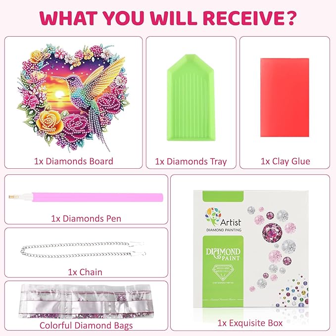 MEIYUDA Valentine's Day Diamond Art Hanging Kits for Adult, Flowers Hummingbird Diamond Painting Kits Ornaments, DIY Love Special Shaped Rhinestone Window Pendant kit for Home Garden Wall Decor Gift