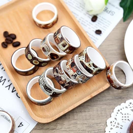 12 Rolls Washi Tape Set,Vintage Coffee Themed Decorative Tape Retro Brown Watercolor Cafe Masking Tape for Journaling Supplies,Junk Journal, Scrapbooking,Planner,DIY Arts & Crafts Supplies