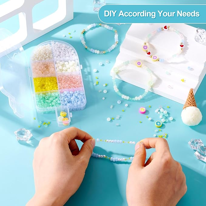 FASHEWELRY Ice Cream Beads Bracelet Making Kit, 9 Styles Cute Pony Beads Glass Seed Beads Acrylic Beads Lemon Clay Beads for Friendship Bracelet Summer Jewelry Making DIY Accessories