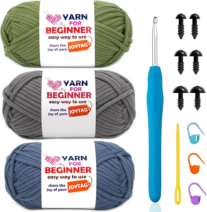 3 Pack Cotton-Nylon Blend Crochet Yarn - Blue, Grey, Green - 3x50g - Easy-to-See Stitches - Crochet & Knitting Kit for Beginners
