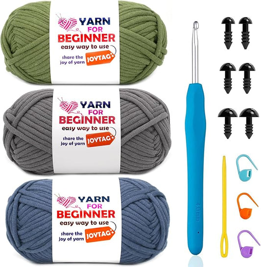 3 Pack Cotton-Nylon Blend Crochet Yarn - Blue, Grey, Green - 3x50g - Easy-to-See Stitches - Crochet & Knitting Kit for Beginners