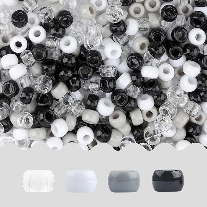 pony beads 4000 pcs,beads for bracelets,hair beads,beads for jewelry making,bracelet beads,plastic beads for crafts,beads for kids,hair beads for braids for girls(black, white and gray color)