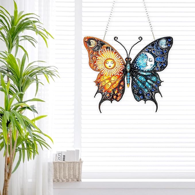 Lxmsja DIY Sun Moon Diamond Painting Hanging Ornament, Double-Sided Acrylic Butterfly Diamond Art Kit, Special Shaped Drill Pendant Window Art Kit, Suncatcher Hanging Craft Decoration 7x8 inch