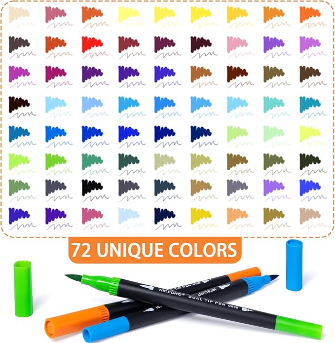 Nicecho 72 Colors Dual Tip Art Markers Pens for Adult Coloring Books, Brush and Fine Tip Coloring Marker for Drawing Journaling Note Taking Lettering