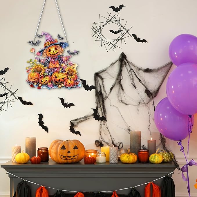 RICUVED Diamond Art Hanging Kit for Adult, Pumpkin Special Shaped Crystal Gem Craft Halloween Diamond Painting Pendant Kit for Beginners, Scarecrow DIY Hanging Diamond Art Ornament Kit for Home Garden