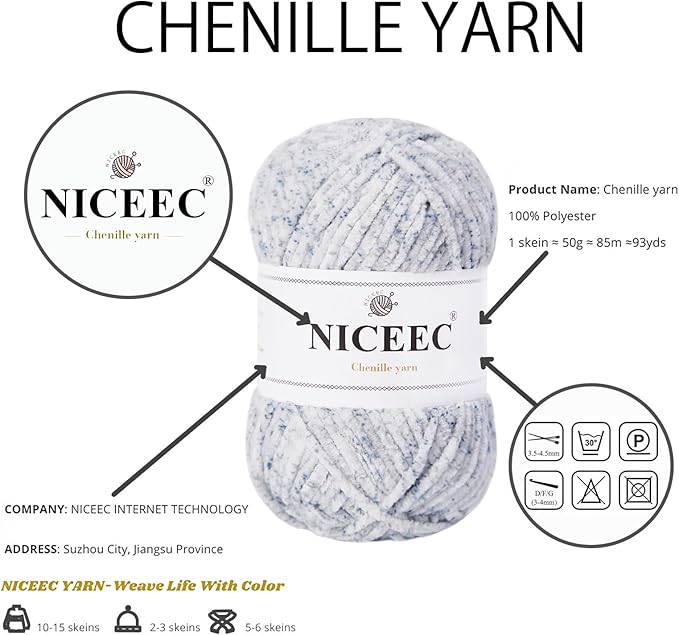 NICEEC 3 Skeins Soft Chenille Yarn Blanket Yarn for Knitting Fancy Yarn for Crochet Weaving DIY Craft Total Length 3×85m (3×93yds, 3×50g)_Overcast Blue