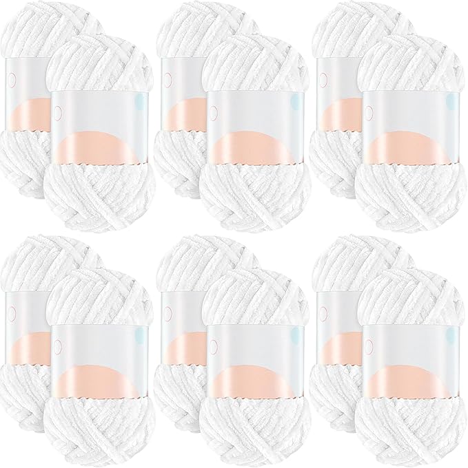Xinnun 12 Skeins 1116 Yards Chenille Velvet Soft Thick Plush Yarn Bulk for Crocheting Knitting Blanket DIY Weaving Craft, 6mm, 3.5 Oz/Skein(White)