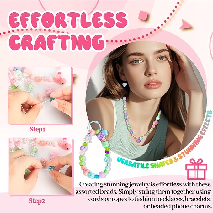 RYKOMO 450-550PCS Assorted Acrylic Beads for Bracelet Making Kit, with Bell, String, Key Rings, Clips in 4 Colors Flowers Hearts Bows Bears Candy Kawaii Cute Beads for DIY Keychain Jewelry Making