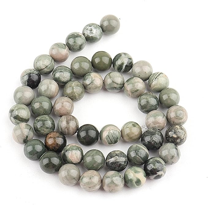 8mm Natural Stone Beads for Jewelry Making - Gemstone Round Loose Beads for Bracelets(45-48pcs, Green Grain Stone)