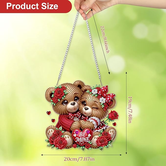 CEOVR Valentine's Day Diamond Painting Pendant, Loving Bears Hanging Diamond Art for Adults DIY Gem Art Wall Ornament, Acrylic Home Garden Decor with Chain, Box Kit 7.87×7.48inch
