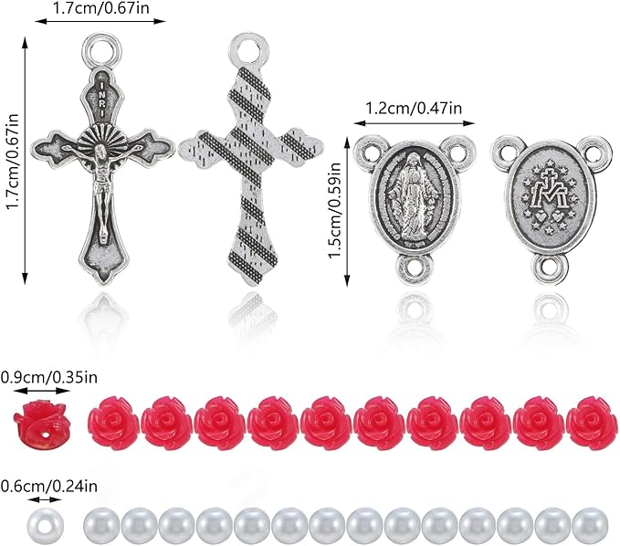 610Pcs Rosary Jewelry Making Kit, Rosary Pearl Beads Carved Rose Beads Rosary Cross Centerpiece Crucifix Medal, Rosary Prayer Making Supplies First Communion Necklace Bracelet Jewelry Making