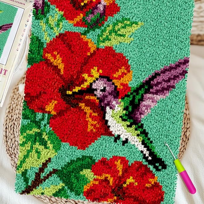 ORIGACH Hummingbird Latch Hook Rug Kit for Adults Printed Rug Making Kit Handmade Carpet Tapestry Cover with Hook Latch and Preprinted Canvas, Home Arts Crafts Sofa Decor, 20.5x15inch