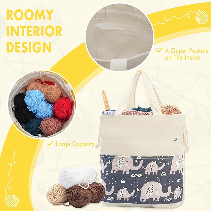 Crochet Bag, Handy Knitting Project Yarn Bag, Crochet Accessories Yarn Storage Organizer, Knitting Bags and Totes for Crocheting on The Go, 12x13x5'' (Gray Elephant, Small)