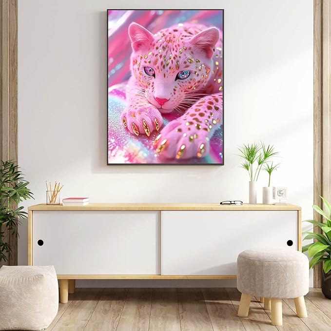 Meothan Diamond Painting Kits for Adults, 5D DIY Diamond Art Kits for Beginners, Pink Leopard Diamond Dots Kits Gem Arts Crafts for Living Room Bedroom Offices Home Wall Decor 12X16 Inch (Animal)