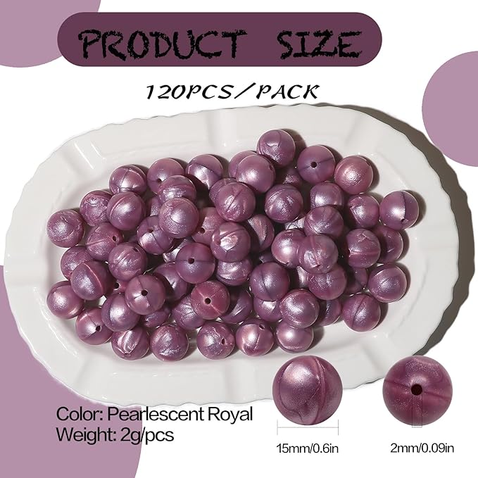 120pcs Richbunnys 15mm Bulk Silicone Beads for Pens and Keychain Making,Large Bead for Necklace and Bracelets Making,Assorted Rubber Beads Set（Pearlescent Royal）