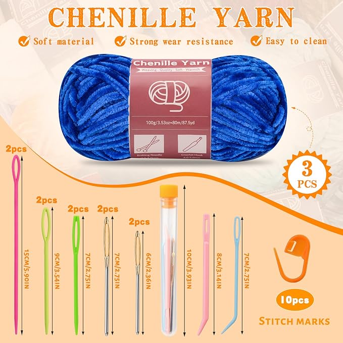 LUNARM Chenille Yarn for Crocheting Knitting, 3 Skein 263 Yard Thick Soft Chunky Fluffy Weaving Plush Yarn for Blankets Clothes Pattern Creations with Big Eye Needles (Royal Blue)