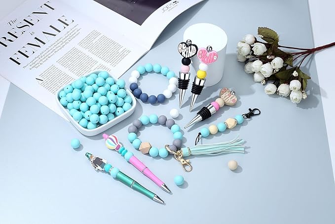 MAIBAOTA 120 Pcs Caribbean Blue Silicone Beads 15 mm Caribbean Blue Beads for Keychain/Pens/Bracelet/Necklace Making Round Silicone Beads Bulk for Craft Making（with Boxed Kits）