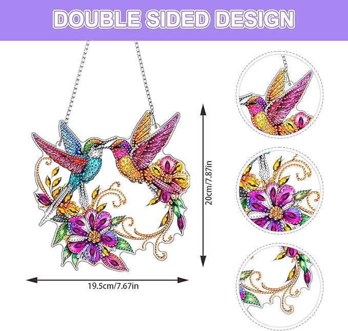 Lxmsja DIY Colorful Hummingbirds Diamond Painting Hanging Ornament, Double-Sided Acrylic Bright Flowers Diamond Art Kit, Special Shaped Suncatcher Hanging Pendant Window Art Kit 8x8 inch