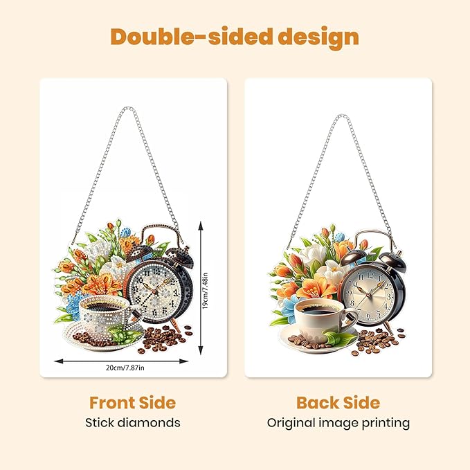 MXJSUA Coffee Floral Clock Diamond Painting Art Window Suncatchers, Diamond Art Kits for Adults Hanging Ornaments with Chain, 5D Special Shape Crystal Diamond Pendant Accessories for Decor Gift