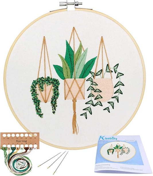 KISSBUTY Full Range of Embroidery Starter Kit with Pattern, Cross Stitch Kit Including Embroidery Fabric with Plant Pattern, Bamboo Embroidery Hoop, Color Threads and Tools Kit (Epipremnum Aureum)