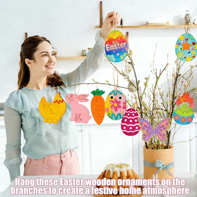 KITRDOOR Easter Wooden Painting Craft Kit, 40Pcs Unfinished Easter Wooden Ornaments, DIY Wood Cutouts Egg Bunny Chick Tulip Ornaments Craft Kits for Adults Spring Party Hanging Decorations