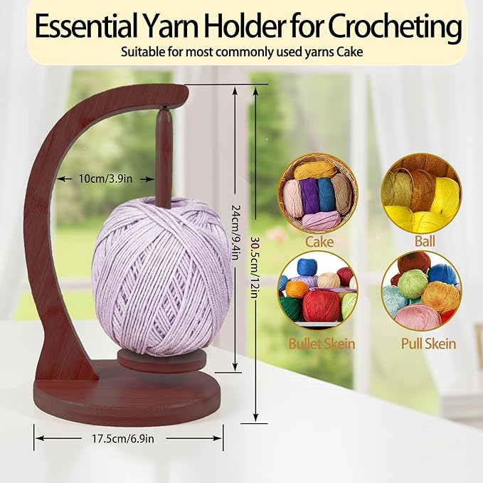 Yarn Holder for Crocheting and Knitting, Wooden Yarn Spinner with Magnetic Rotating Mechanism,Gift for Crocheter and Knitter（Brown）