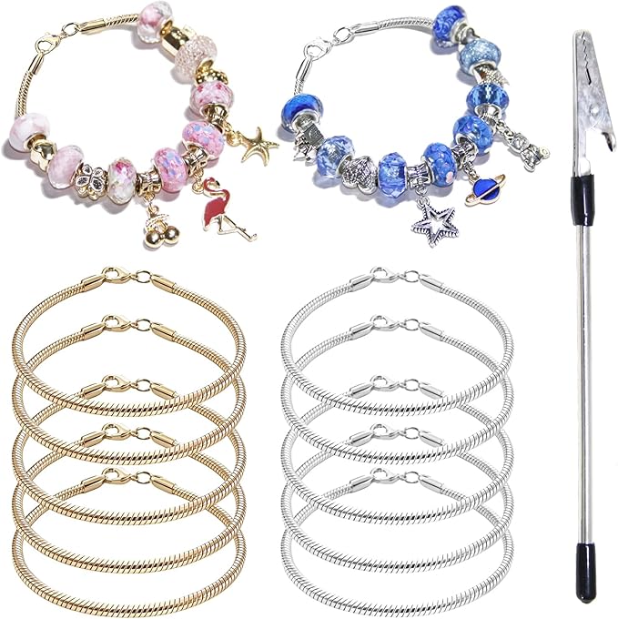 Exway 10 Pcs Snake Charm Bracelet Chain 8.0 Inch Gold and Silver Charm Bracelet Kit Snake Chain Bracelets Chain for Christmas DIY Women Jewelry Making Gifts