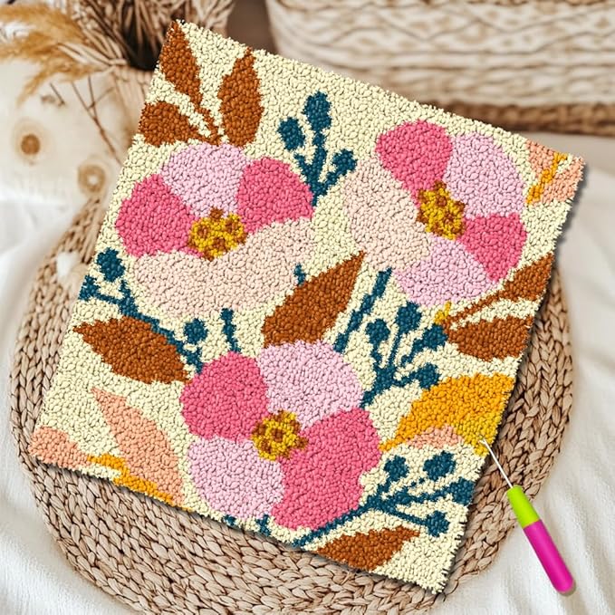 ORIGACH Vintage Flower & Plant Latch Hook Rug Kit for Adults Printed Rug Making Kit Handmade Carpet Tapestry Cover with Hook Latch and Preprinted Canvas, Home Arts Crafts Sofa Decor, 19.6x19.6inch