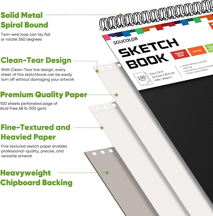 soucolor 9" x 12" sketch book, 100 sheets top spiral bound sketchbook with acid-free 68lb/100gsm drawing paper, art sketch pad for kids, adults & artist, professional art supplies for beginners