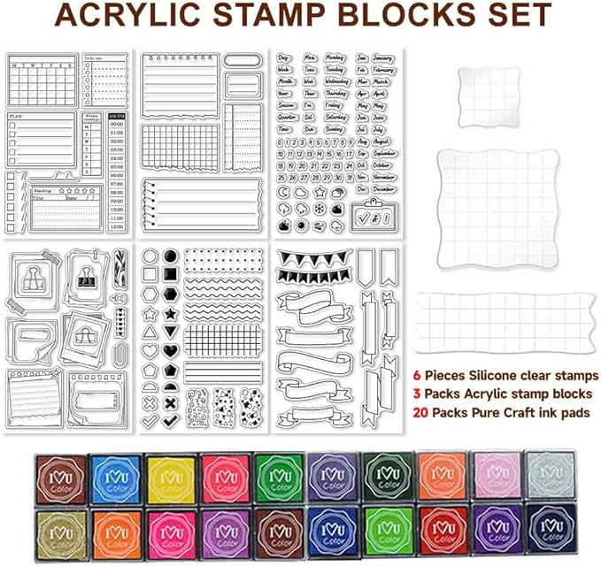 29 Pcs Journal Stamps for Crafting Card Making Supplies Set Include 3 Acrylic Clear Stamp Blocks, 6 Clear Silicone Stamps Seals, 20 Craft Ink Pads Calendar Planner Stamp for DIY