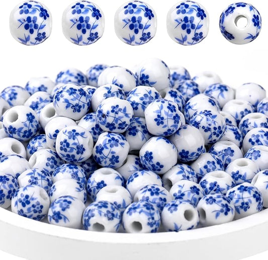 Ceramic Beads, 100Pcs Round Porcelain Beads 8 mm Blue Flower Printed Spacer Beads Handmade Porcelain Craft Beading Kit for Jewelry Making Supplies DIY Crafts Bracelets Necklace