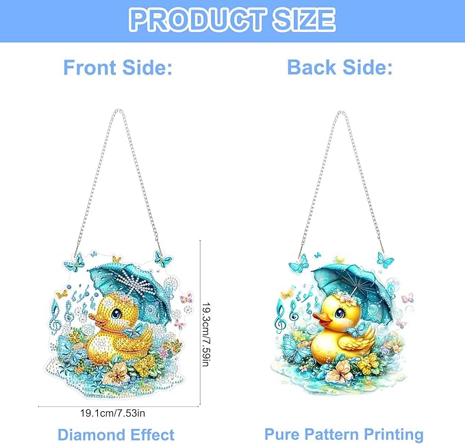 QENSPE Diamond Painting Art Hanging Kits for Adults, 5D Yellow Duck Diamond Paingting Ornaments with Chain, DIY Butterfly Crystal Window Pendants for Home Wall Decor Double Sided Gift 8X8 inch