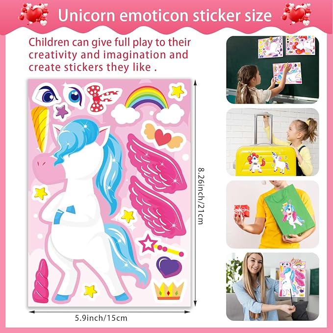 48 sheets make your own unicorns stickers for kids toddlers, make a fantasy face stickers for girls birthday party favors activities, valentines day gifts for kids classroom