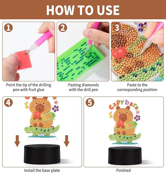 Diamond Painting Night Light, Diamond Painting Kits For Adults Desktop Ornaments For Table Tabletop Decor Diamond Art Accessories For Adult Beginner Touch Lamp for Bedrooms Living Room- Capybara