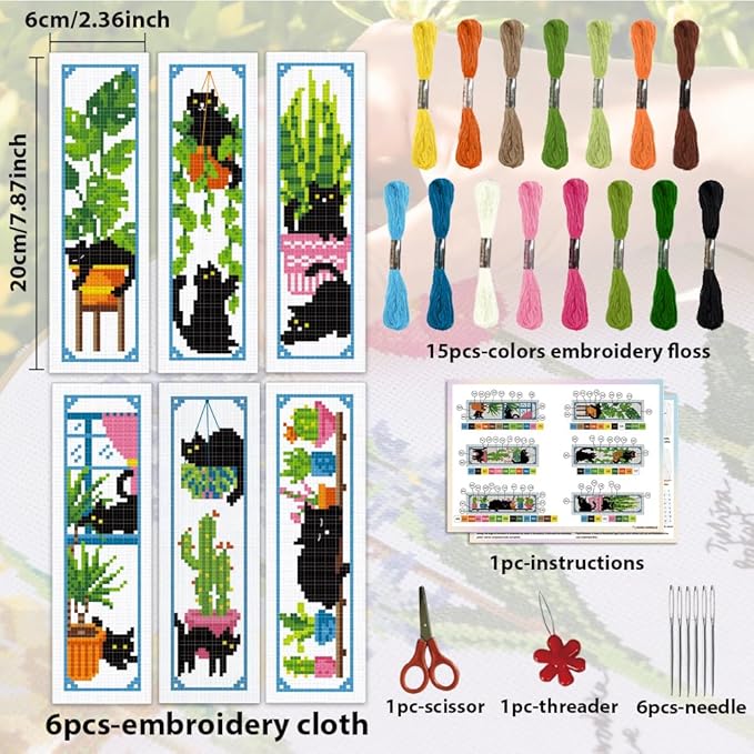 ACRNIGHEET 6PCS Cross Stitch Bookmark Kits Cute Cat and Plants Pattern Stamped Cross Stitch Kits for Beginners Adults DIY Stamped Embroidery Bookmarks with Instructions Hand Embroidery Craft Gift 11CT