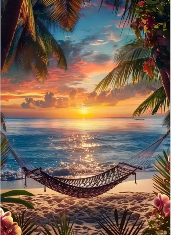 KTHOFCY 5D DIY Diamond Painting Kits for Adults,Tropical Beach Sunset View Full Drill Embroidery Cross Stitch Crystal Rhinestone Paintings Pictures Arts Wall Decor Painting Dots Kits 11.8X15.7 inch