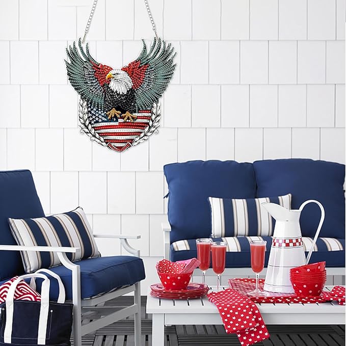 DOMROM 4TH of July Diamond Art Hanging Kit for Adult, Eagle Diamond Art Hanging Kit,Patriotic DIY Diamond Art, Independence Day Diamond Hanging Pendant, Window Pendants Garden Wall Hanging Ornament